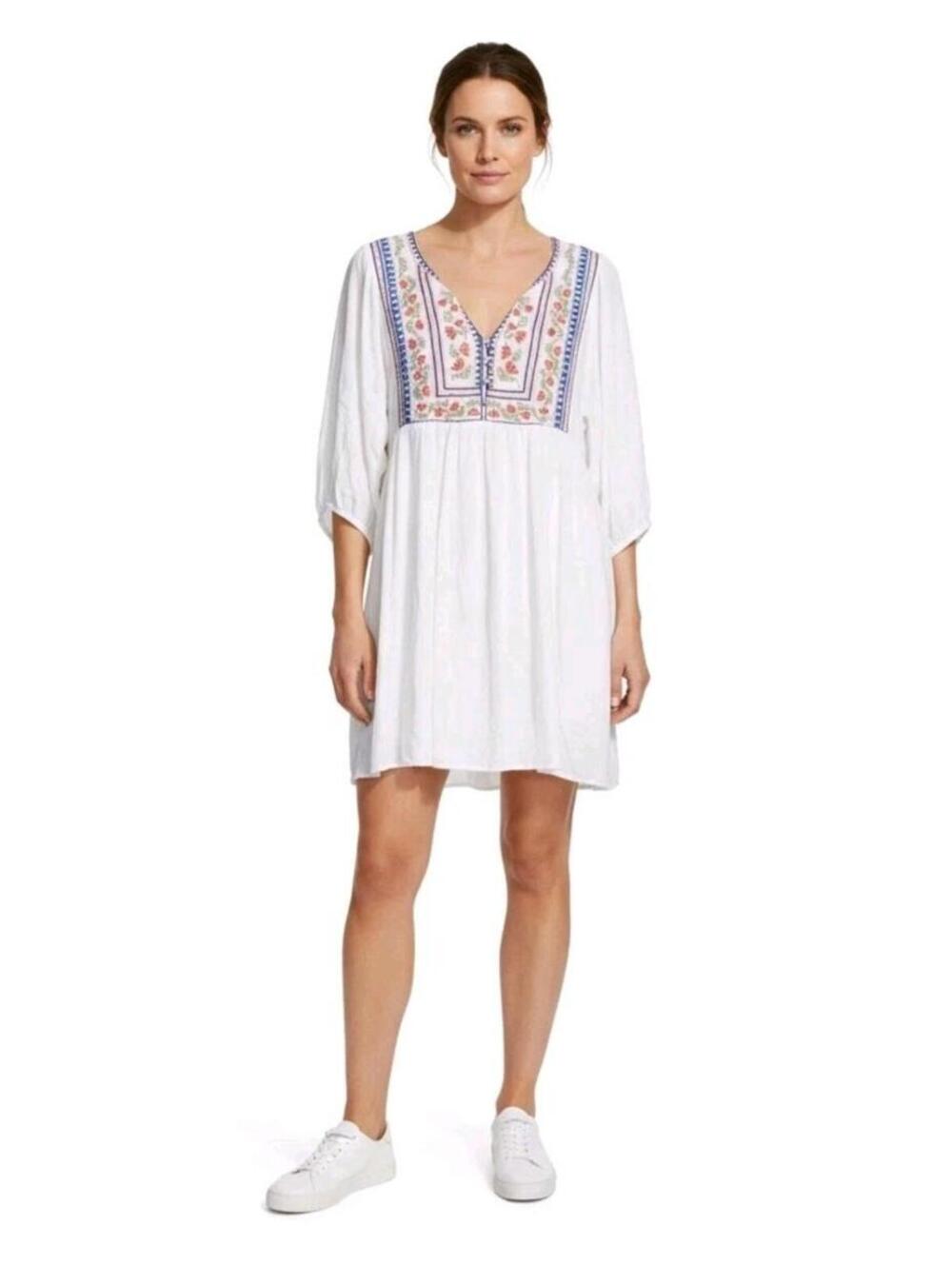 Forever 21 White Gauze Peasant Embroidered  3/4 Sleeve Dress Lined Sz L